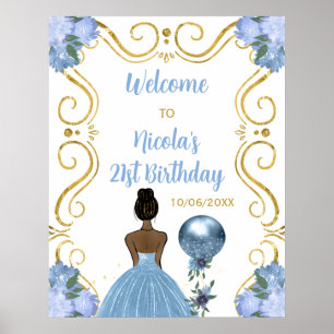 Birthday Party Dark Skin Princess Blue Welcome Poster
