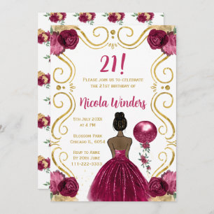 Birthday Party Dark Skin Princess in Burgundy Invitation