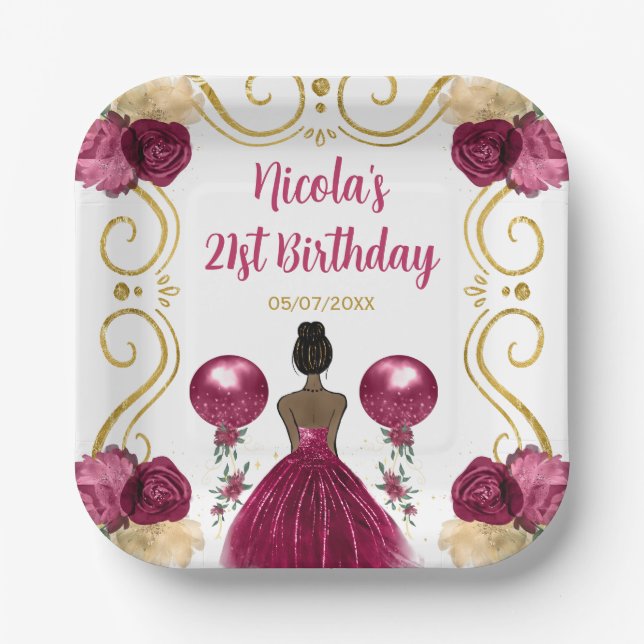 Birthday Party Dark Skin Princess in Burgundy Red Paper Plate (Front)