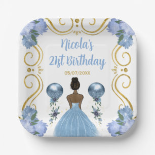 Birthday Party Dark Skin Princess in Dusty Blue Paper Plate