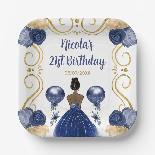 Birthday Party Dark Skin Princess in Navy Blue Paper Plate (Front)