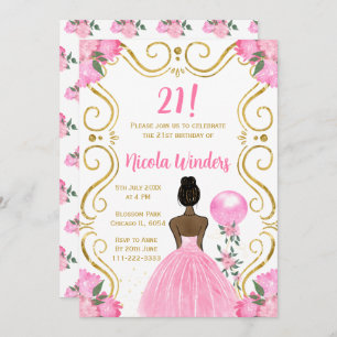 Birthday Party Dark Skin Princess in Pink Invitation