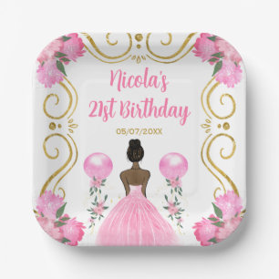Birthday Party Dark Skin Princess in Pink Paper Plate