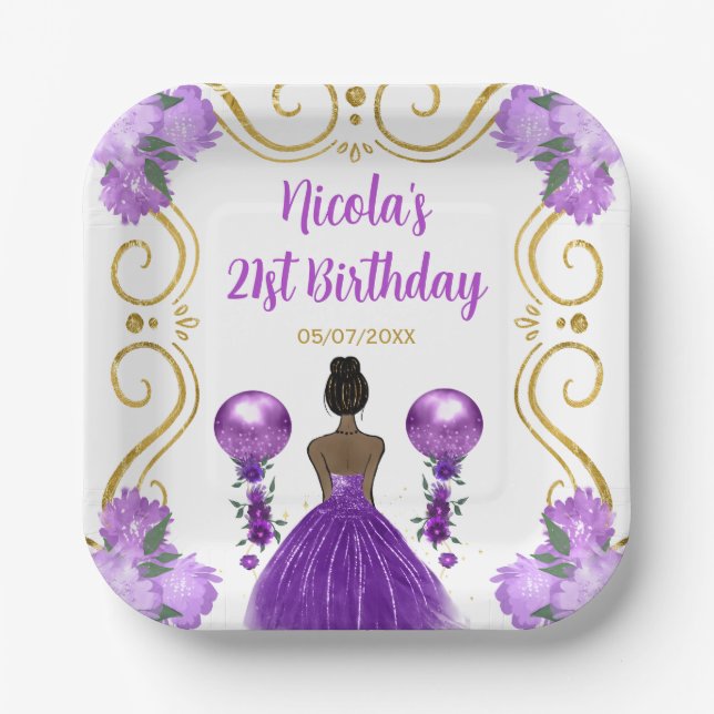 Birthday Party Dark Skin Princess in Purple Paper Plate (Front)