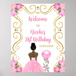 Birthday Party Dark Skin Princess Pink Welcome Poster