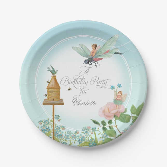 Birthday Party Decor Little Girl Fairy Garden Bees Paper Plate (Front)