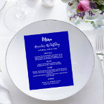 Birthday party dinner menu royal blue white<br><div class="desc">A royal blue background. White text. 
Front: Personalise and add your name,  date and the menu. 

1 sheet = 1 menu printed edge to edge.</div>