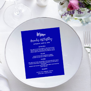 Birthday party dinner menu royal blue white
