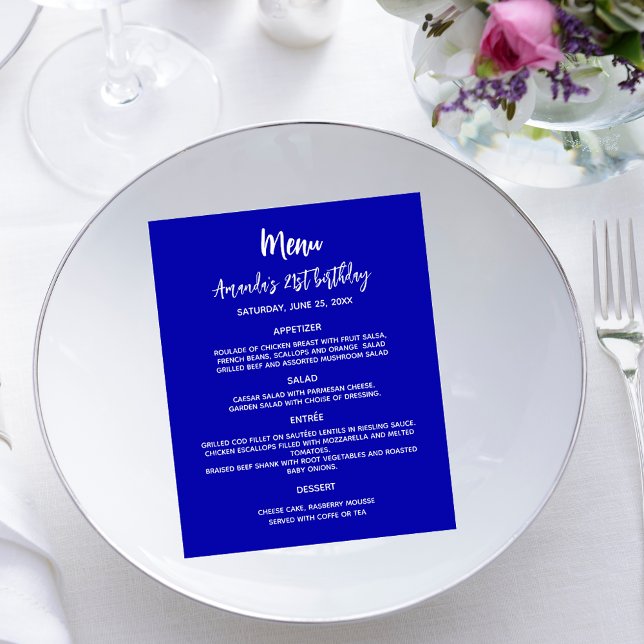 Birthday party dinner menu royal blue white (Creator Uploaded)