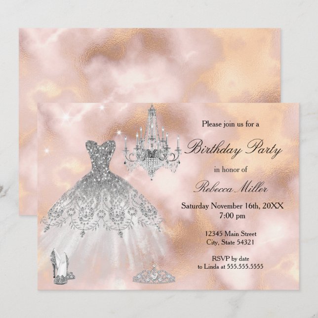 Birthday Party Dress Beige Pink Marble White Invitation (Front/Back)