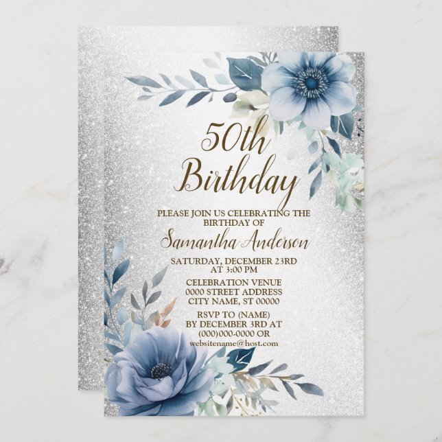 Birthday Party Dusty Blue Watercolor Flower Silver Invitation (Front/Back)