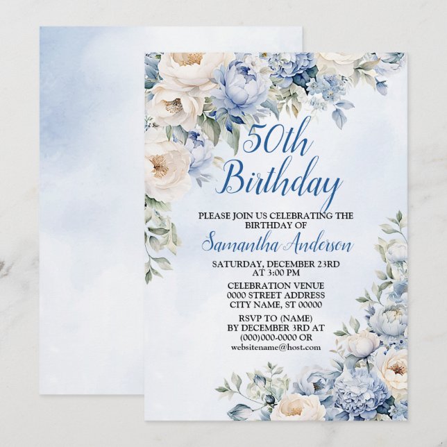 Birthday Party Dusty Blue Watercolor Ivory Flowers Invitation (Front/Back)
