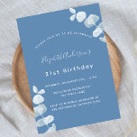 Birthday party dusty blue white eucalyptus invitation postcard<br><div class="desc">A dusty blue background,  decorated with eucalyptus stems,  sprigs.  Personalise and add a name and party details.</div>