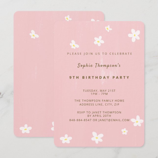 Birthday Party Dusty Rose Cute Daisies Simple Girl Invitation (Front/Back)