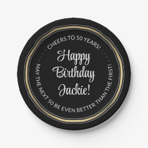 Birthday Party Elegant Black, White and Gold Round Paper Plate