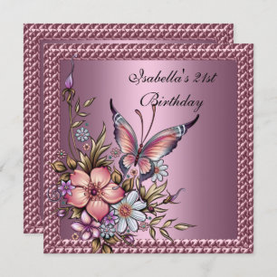 Birthday Party Elegant Floral Butterfly Pink Invitation