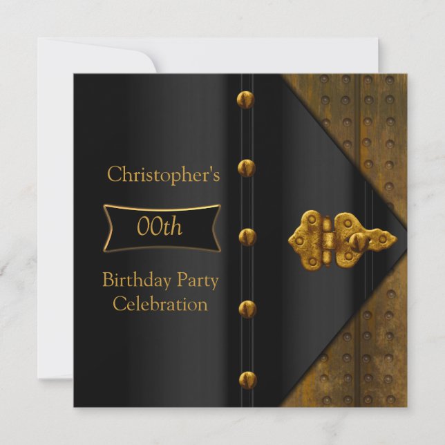 Birthday Party Elegant Gold Black Metal Look 2 Invitation (Front)