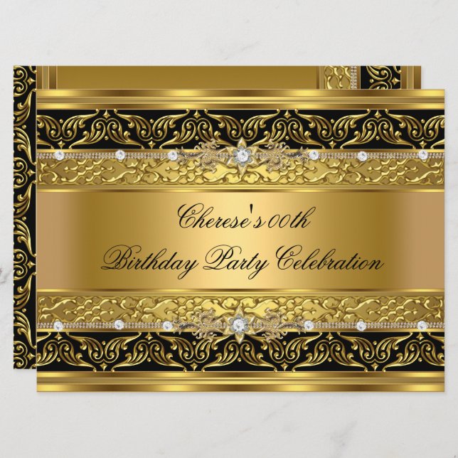 Birthday Party Elegant Gold Diamond Black Trim 3 Invitation (Front/Back)