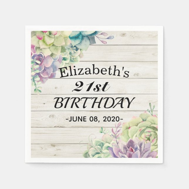 Birthday Party Elegant Succulent Plant Rustic Wood Napkin (Front)