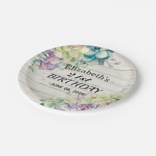 Birthday Party Elegant Succulent Plant Rustic Wood Paper Plate
