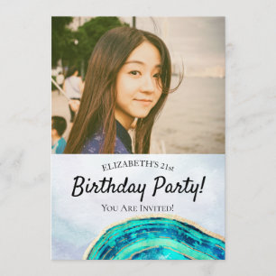Birthday Party Elegant Teal Gold Agate Geode Photo Invitation