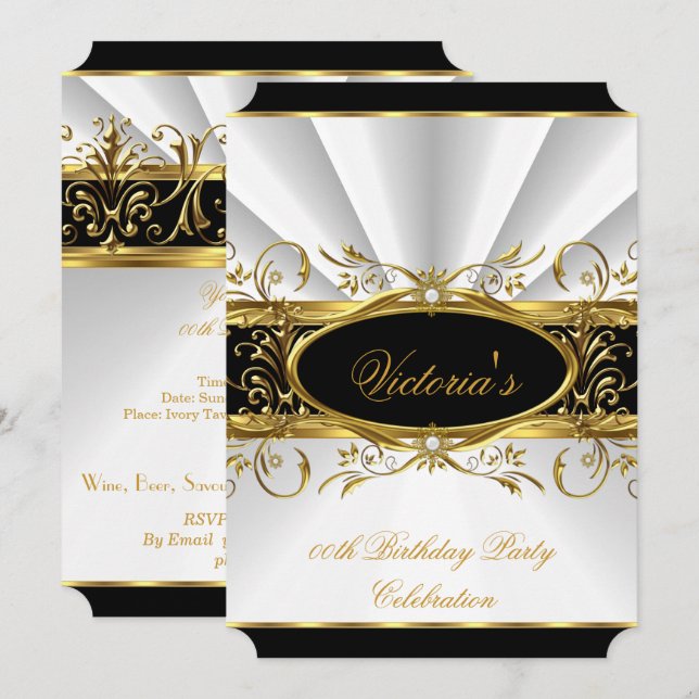Birthday Party Elegant White Gold Floral Black 4 Invitation (Front/Back)