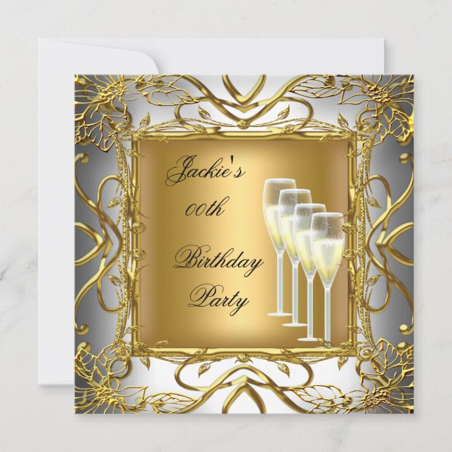 Birthday Party Elegant White Silver Gold Champagne Invitation (Front)