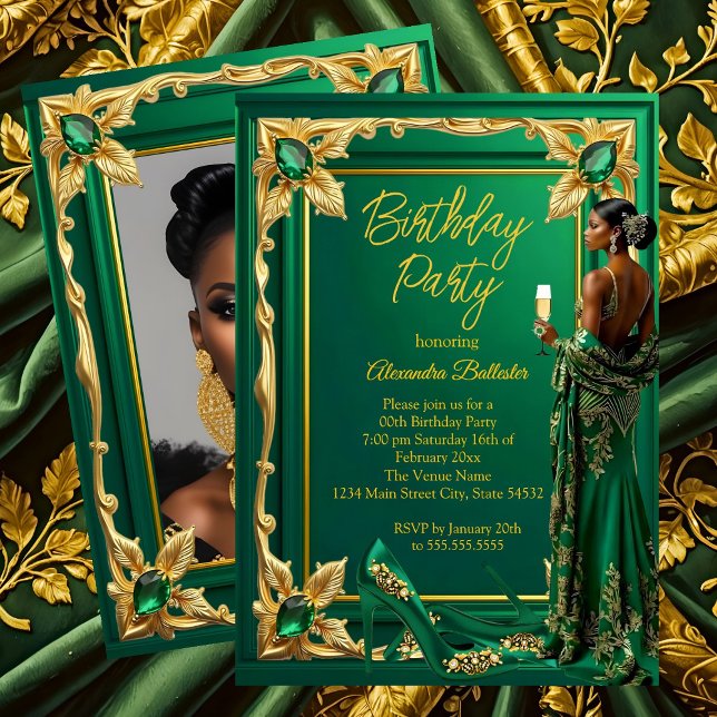 Birthday Party Emerald Green Gold high Heel Dress Invitation (Creator Uploaded)
