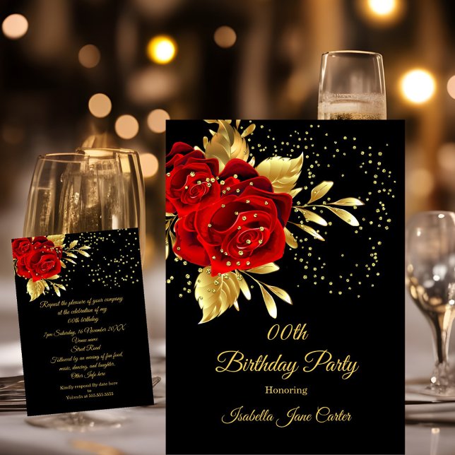 Birthday Party Exotic Red Rose Black Floral Gold 2 Invitation (Creator Uploaded)