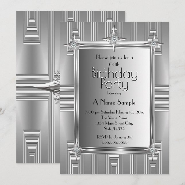 Birthday Party Faux Silver Chrome Metal Invitation (Front/Back)