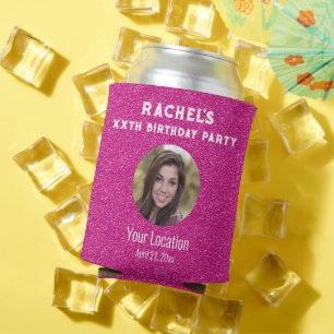 Birthday Party Favor Pink Glitter Photo Can Cooler