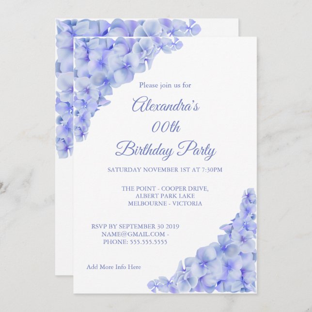 Birthday Party Floral Blue Hydrangeas White Invitation (Front/Back)