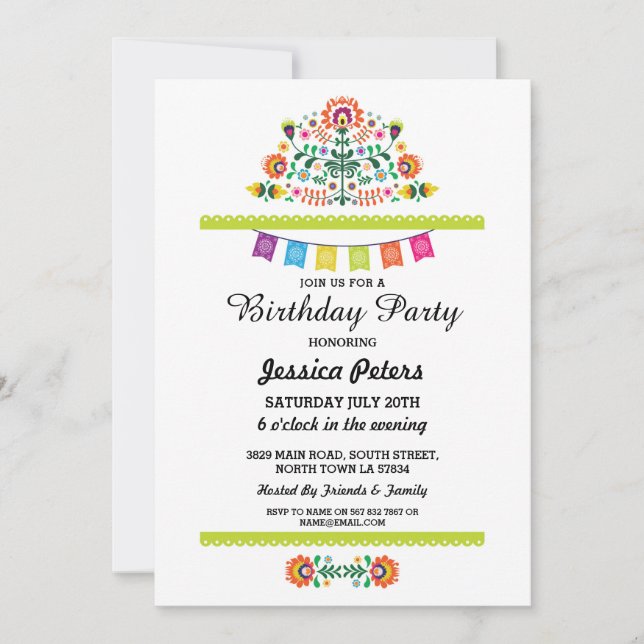 Birthday Party Floral Fiesta Mexican Invite 21 40 (Front)