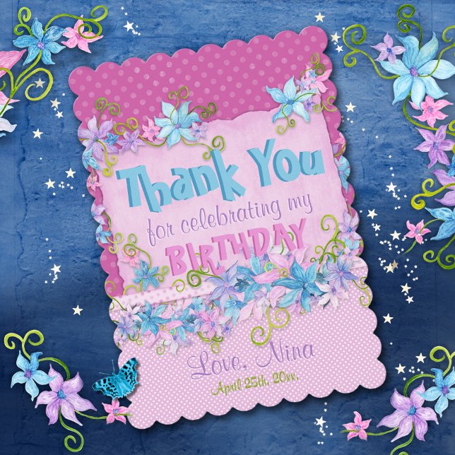 Birthday Party Floral Pink Polka Dots  Thank You Card (Creator Uploaded)