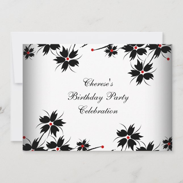 Birthday Party Floral Red Black White Invitation (Front)