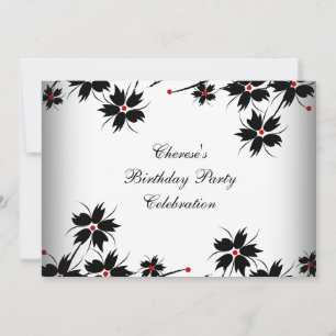 Birthday Party Floral Red Black White Invitation