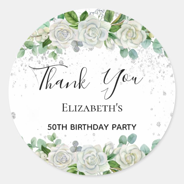 Birthday Party floral silver glitter Thank You Classic Round Sticker (Front)