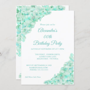 Birthday Party Floral Teal Blue Hydrangeas White Invitation