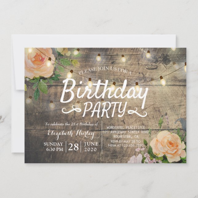 Birthday Party Flowers Rustic Wood String Lights Invitation (Front)