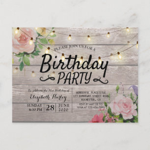 Birthday Party Flowers Rustic Wood String Lights Invitation Postcard