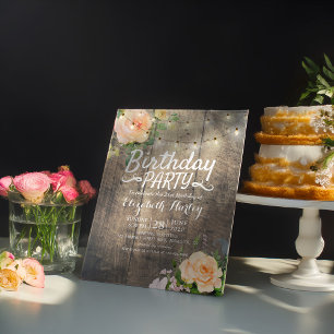 Birthday Party Flowers Rustic Wood String Lights Invitation Postcard