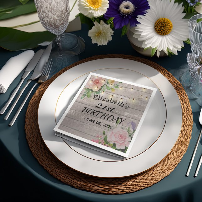 Birthday Party Flowers Rustic Wood String Lights Napkin (Creator Uploaded)