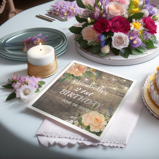 Birthday Party Flowers Rustic Wood String Lights Napkin (Creator Uploaded)