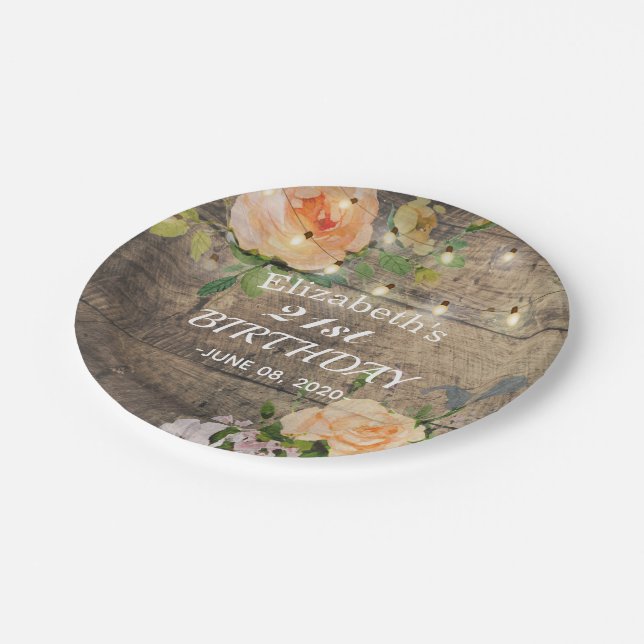 Birthday Party Flowers Rustic Wood String Lights Paper Plate (Angled)