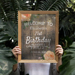 Birthday Party Flowers Wood String Lights Welcome Poster