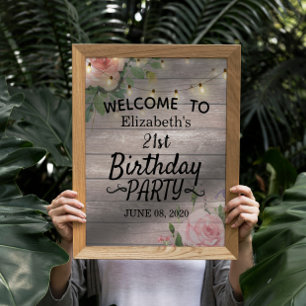 Birthday Party Flowers Wood String Lights Welcome Poster