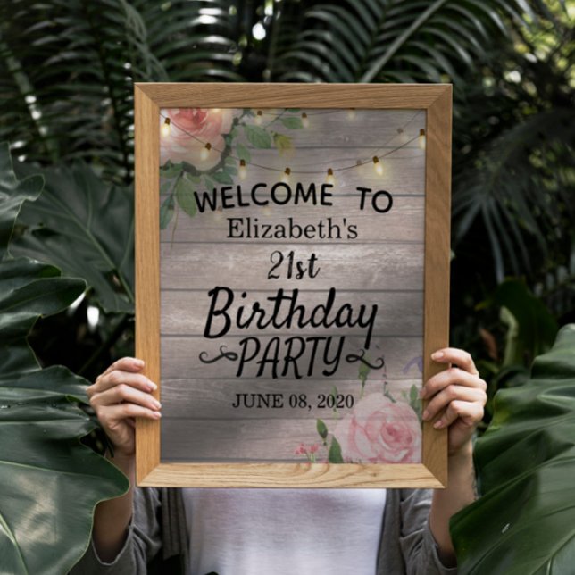 Birthday Party Flowers Wood String Lights Welcome Poster (Creator Uploaded)