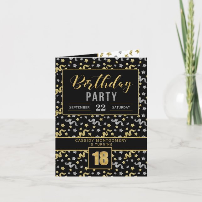 Birthday Party for 18th Black and Gold Invitation (Front)