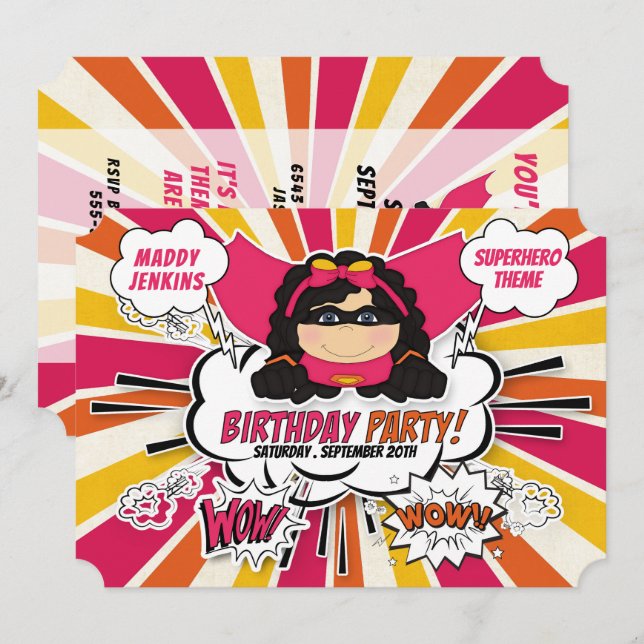 Birthday Party for Girls Super Kids Pink Comic Inv Invitation (Front/Back)