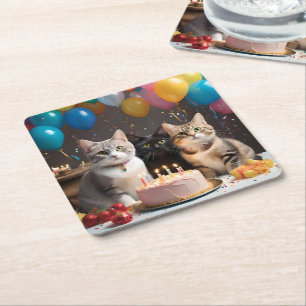 Birthday Party For The Cats, Square Paper Coaster